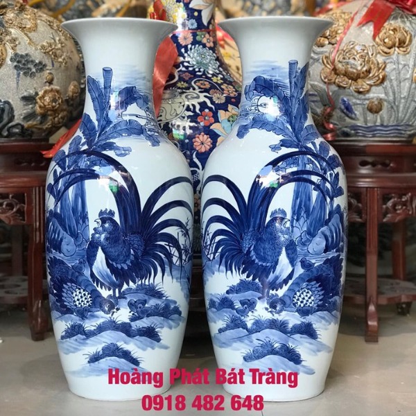Tiểu lộc bình vẽ vợ chồng gà cao 50cm gốm Bát Tràng SP5016