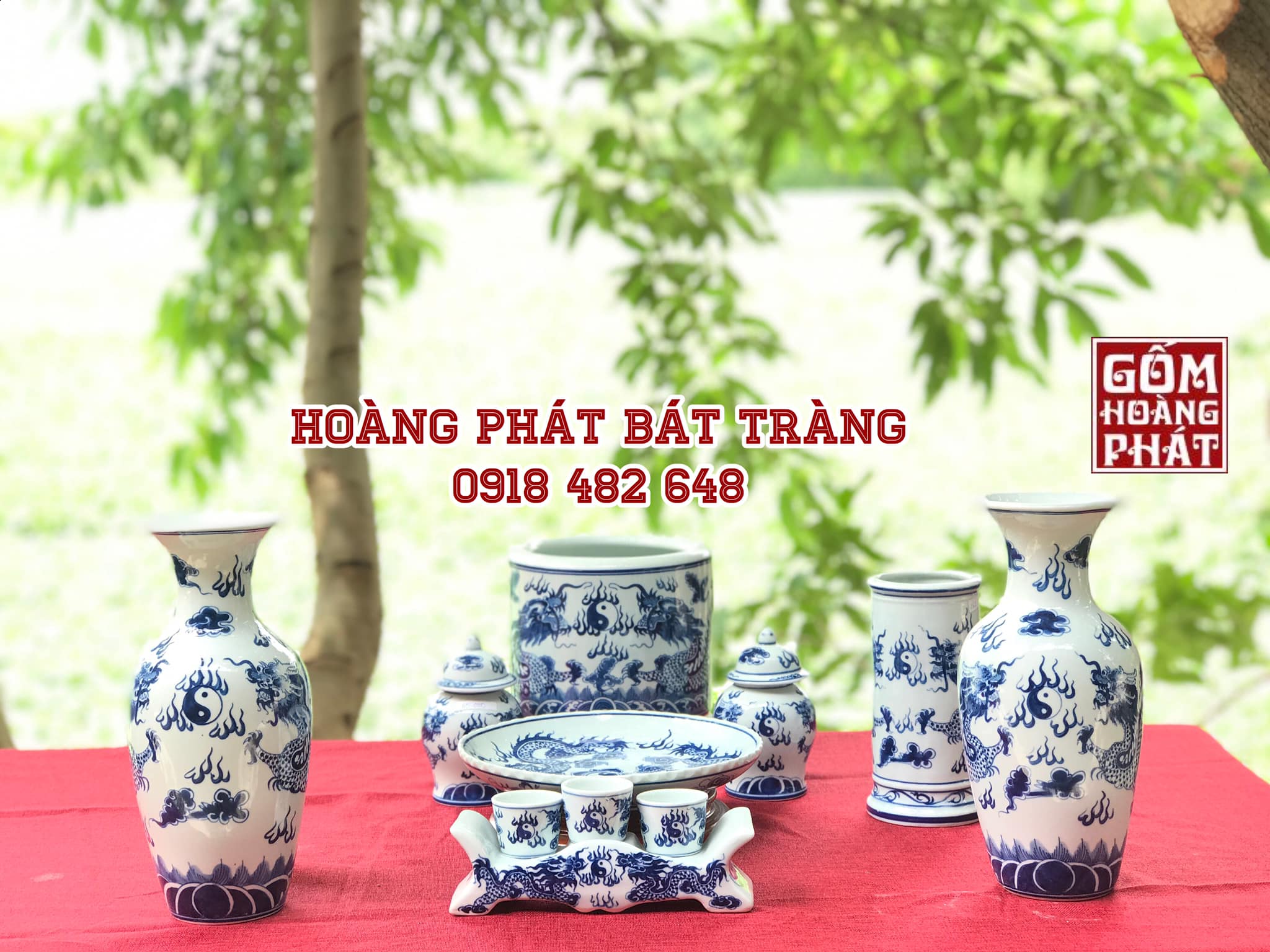 Bộ đồ thờ men lam xanh cổ cho ban thờ treo Bát Tràng DTX003