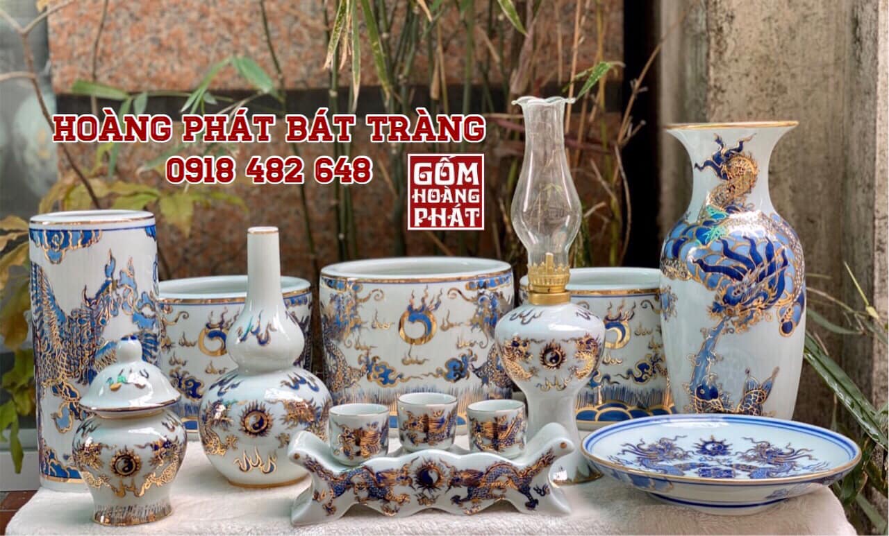 Bộ đồ thờ vẽ Lưỡng Long Chầu Nguyệt vàng kim cao cấp cho ban thờ gia tiên 2
