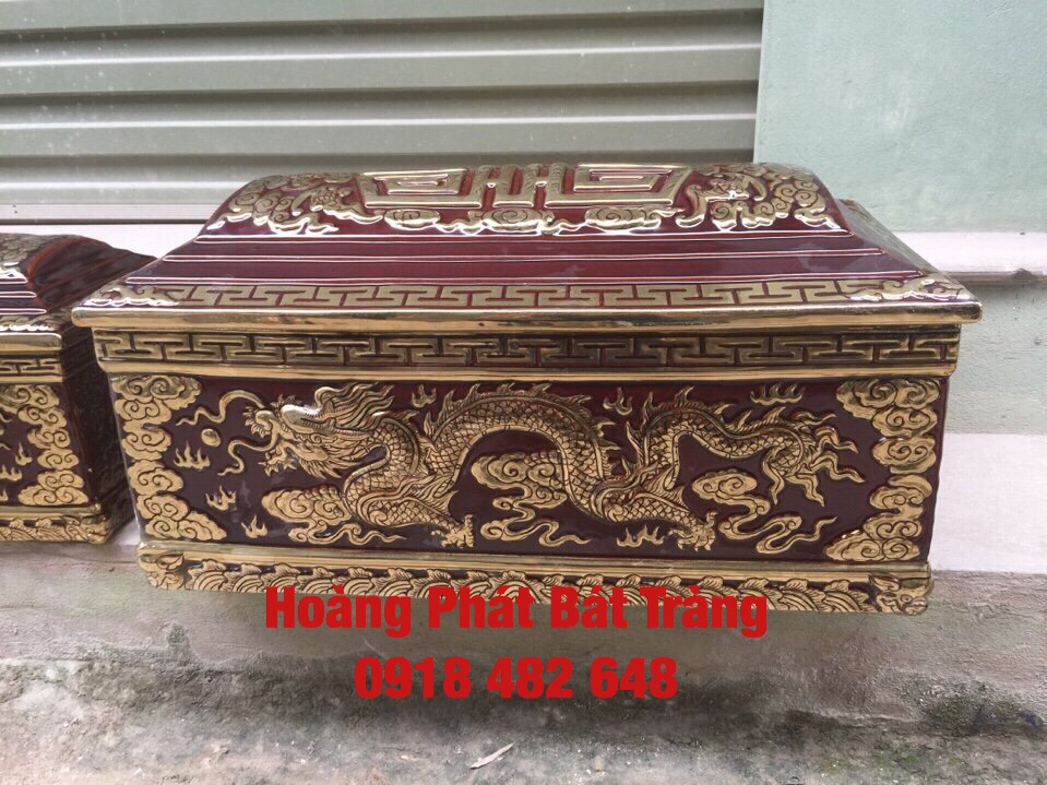 Tiểu quách men nâu cổ, mái vòm chữ Thọ vàng kim cao cấp QTVK7