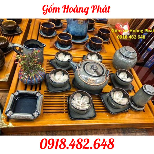 Bộ ấm chén dáng chóp men hỏa biến full phụ kiện cao cấp Bát Tràng SP4877