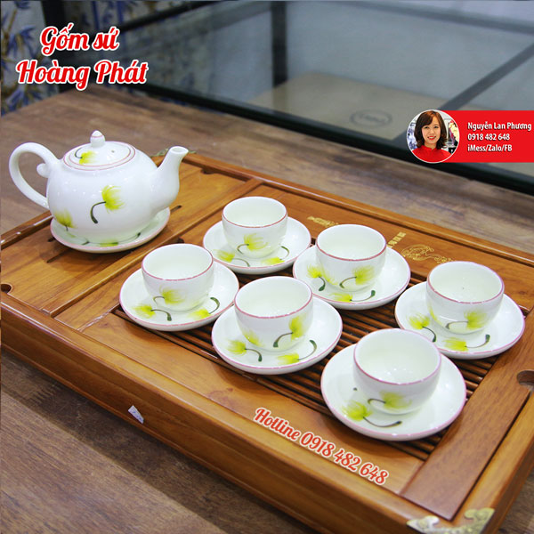 Bộ ấm chén Bát Tràng men kem hoa Bồ Công Anh SP