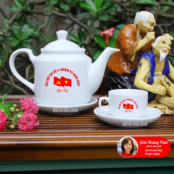 Ấm chén in logo Đại hội Đảng bộ các cấp 2019 - 2020 dáng vuông