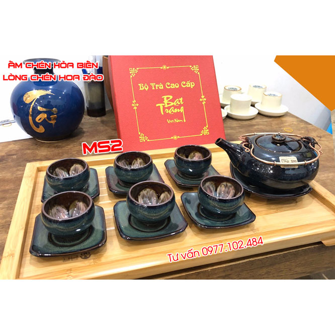 Ấm chén hỏa biến lòng chén Huyết đào quai đồng Ms3