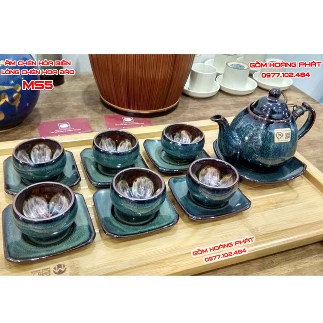 Ấm chén men hỏa biến lòng chén huyết đào MS5