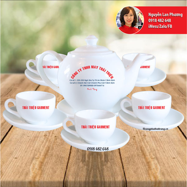 Ấm chén in logo công ty may Thái Triệu
