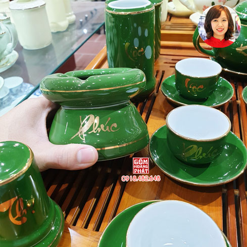 Ấm chén men xang ngọc Phúc Lộc Thọ vàng kim đầy đủ phụ kiện 3