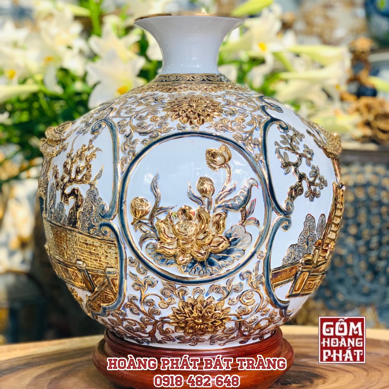 Bình hút tài lộc Chùa Một Cột Hà Nội, Khuê Văn Các mạ vàng Màu Trắng H35cm BHL308 2
