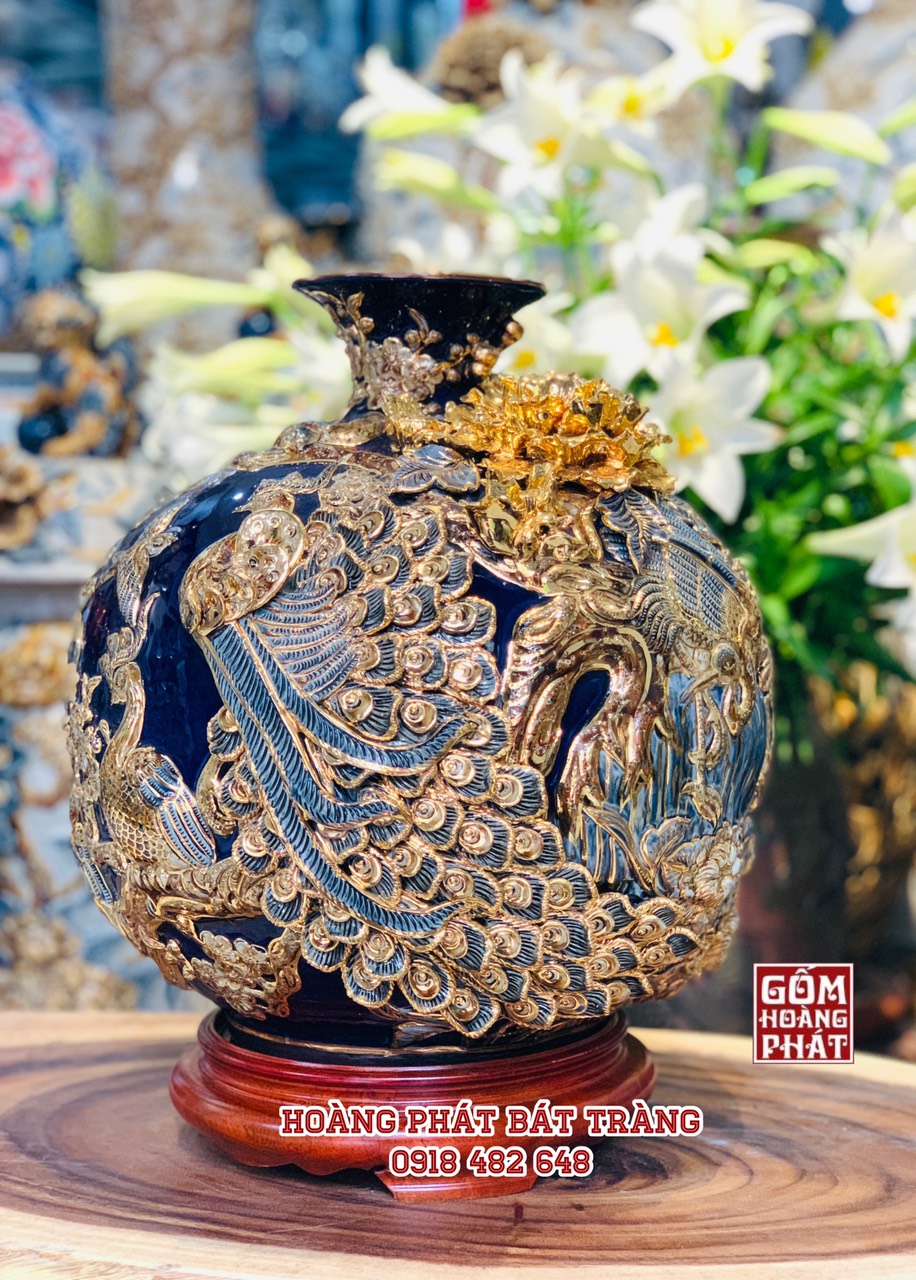 Bình hút tài lộc công đào phú quý men xanh than kênh bong mạ vàng cao cấp H35cm BHL306 `