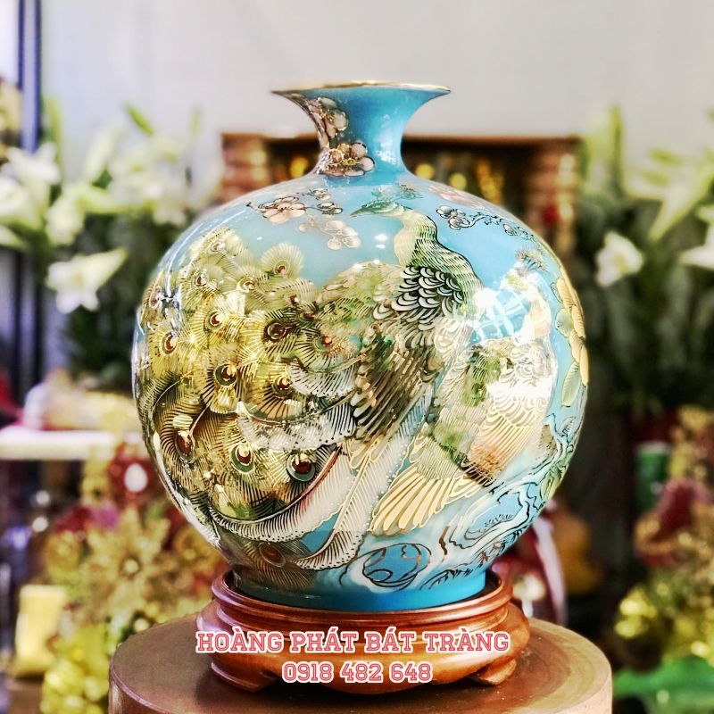 Bình hút tài lộc công thành danh toại vàng kim 24k nền xanh dương H35cm BHL383 1