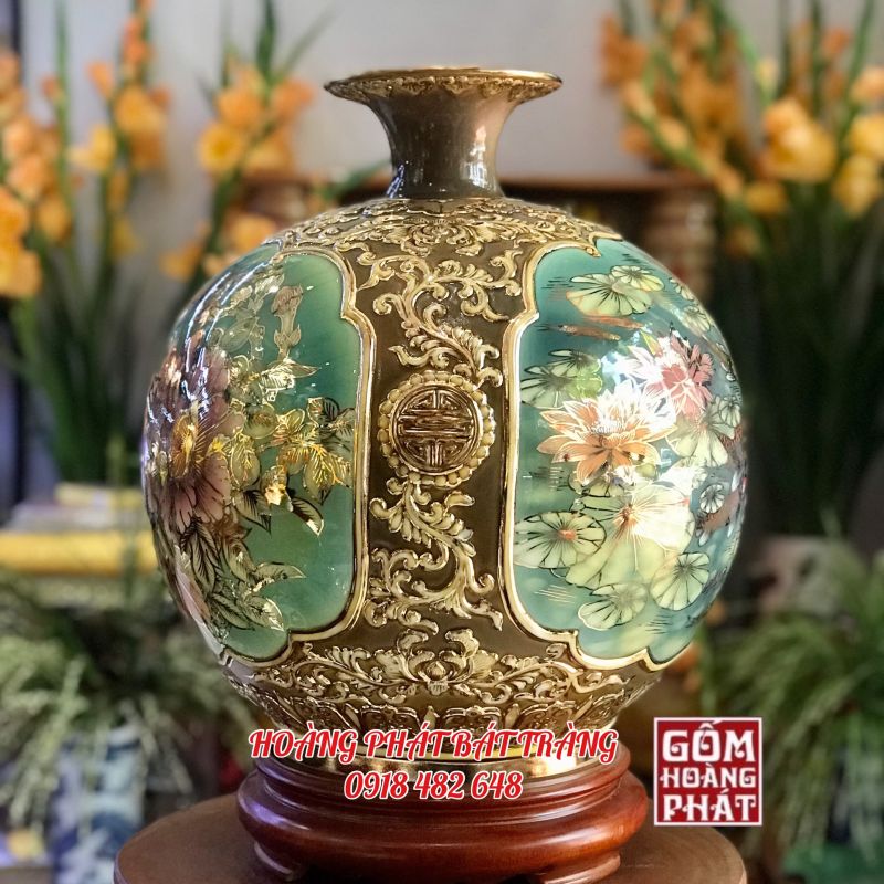 Bình hút lộc nhị cảnh khung viền nổi 3D vàng kim cao cấp H38 BHL348 4