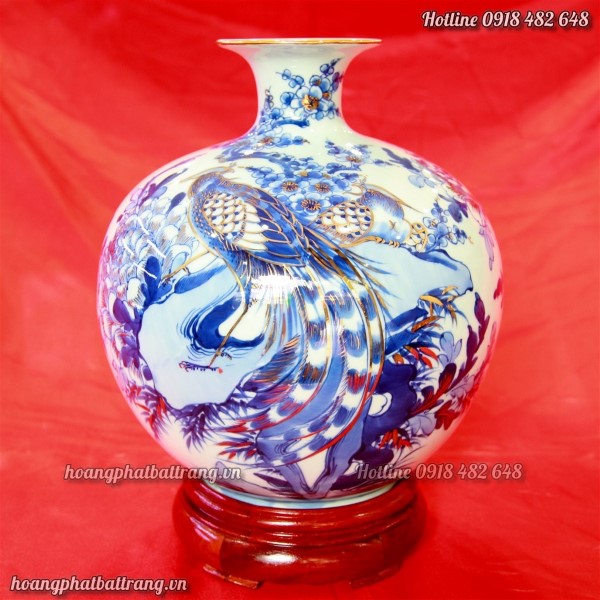 Gốm sứ vẽ vàng, bình hút lộc Chim trĩ, phù dung