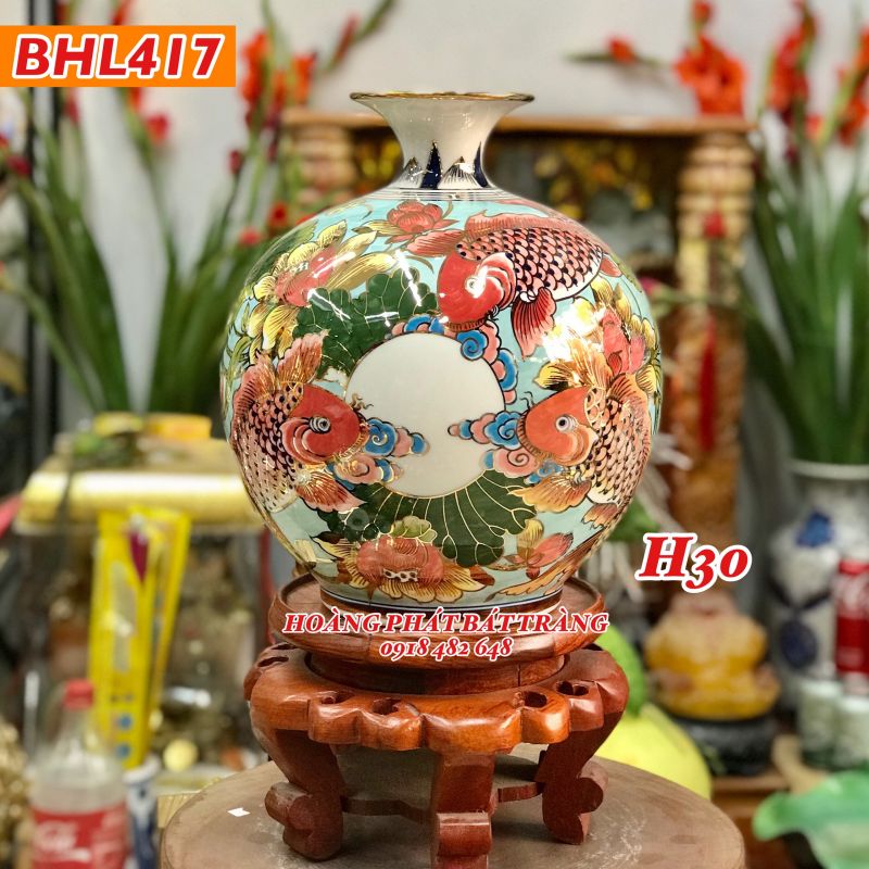 Bình hút tài lộc Cá chép liên hoa vàng kim nền xanh ngọc H30 BHL417