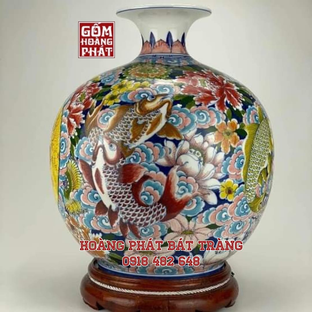 Bình hút tài lộc chữ Thọ Cá chép liên hoa vẽ kỹ