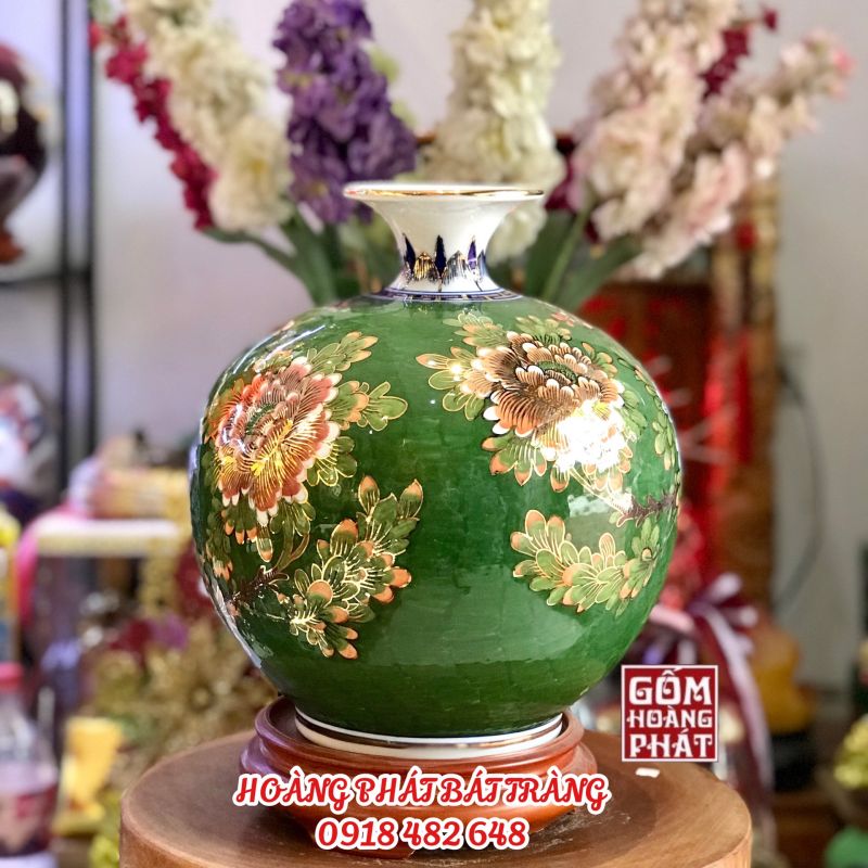 Bình hút tài lộc công thành danh toại nền xanh vàng kim cao cấp H30cm BHL321 2