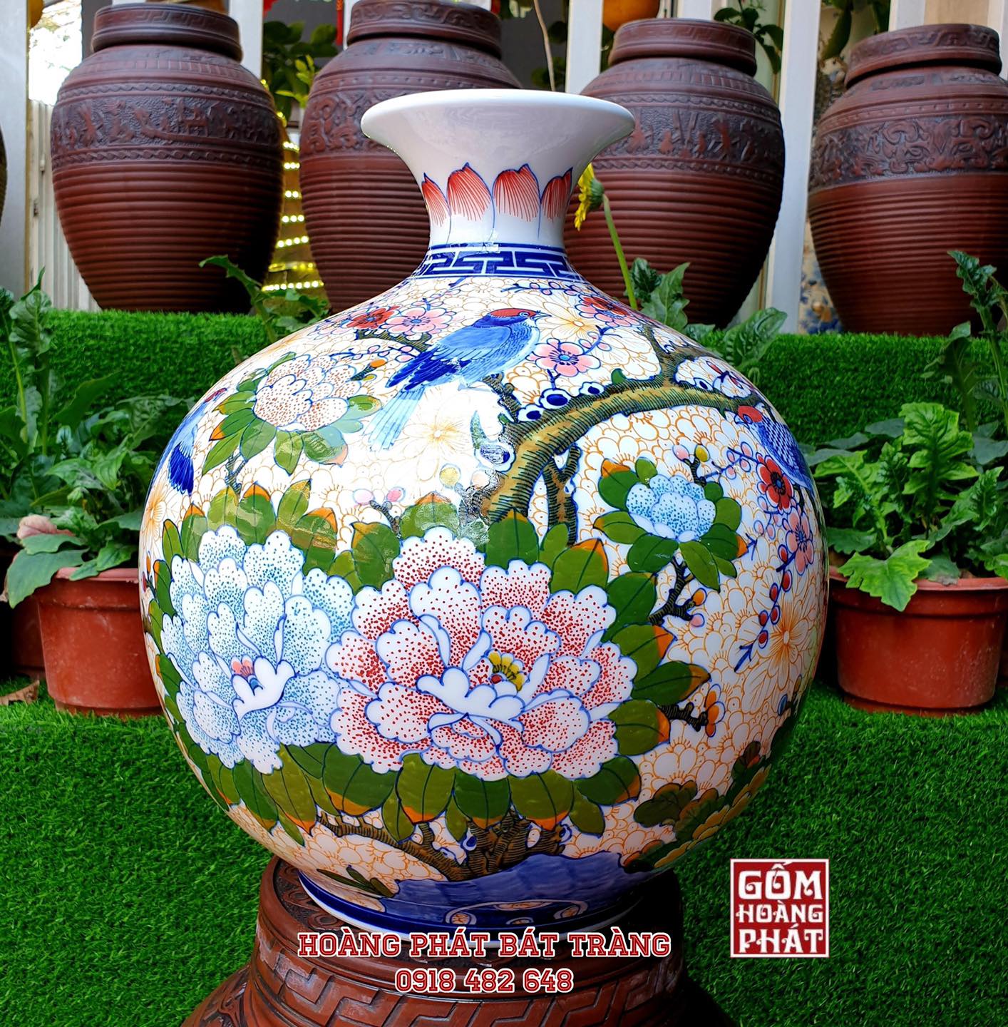 Bình hút tài lộc chim đào hoa phù dung vẽ kỹ H40cm BHL232 2