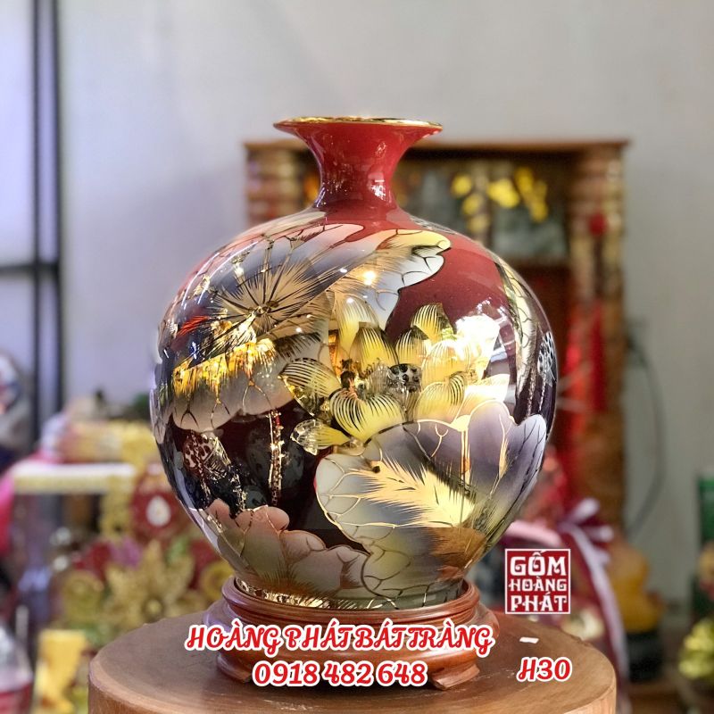 Bình hút tài lộc liên hoa vàng kim 24k cao cấp Bát Tràng  cao 30cm BHL306 1