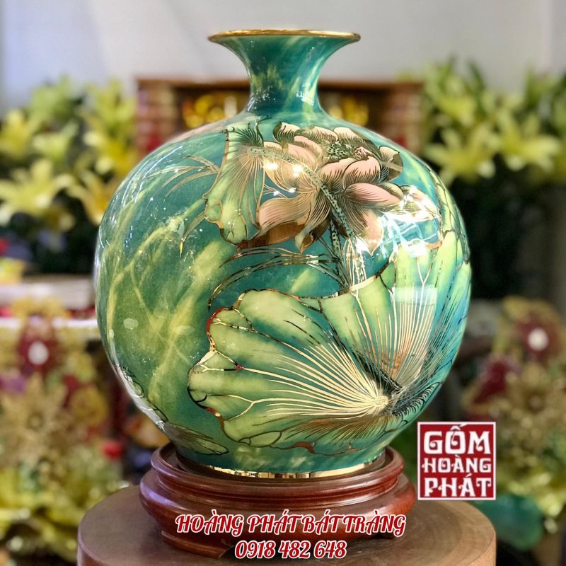 Bình hút tài lộc liên hoa vàng kim xanh lá 3D cao cấp H35 BHL352 1