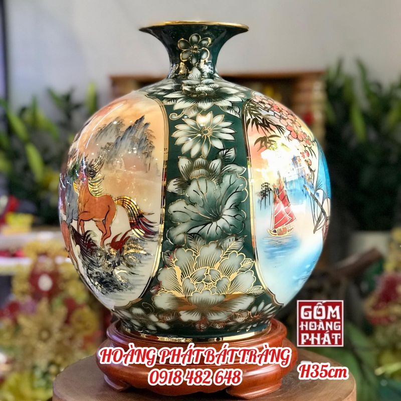 Bình hút tài lộc nhị cảnh Thuận buồm xuôi gió & Bát Mã Thành Công vàng kim 3D H35 BHL354 2