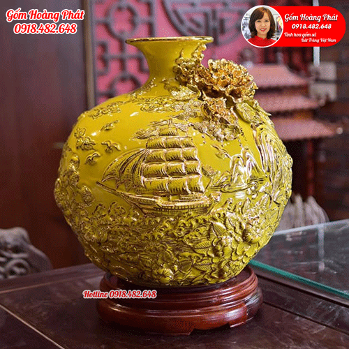 Bình hút tài lộc Thuận buồm xuôi gió vẽ vàng cao cấp - vàng hoàng gia cao 35cm