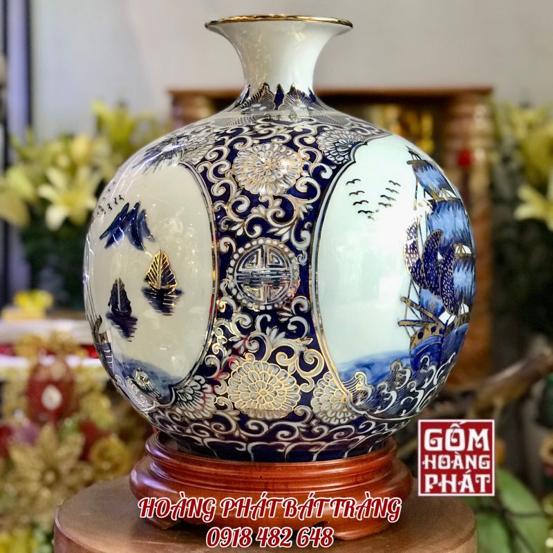 Bình hút tài lộc Thuận buồm xuôi gió vẽ vàng 24k bổ khung H35 BHL99 1