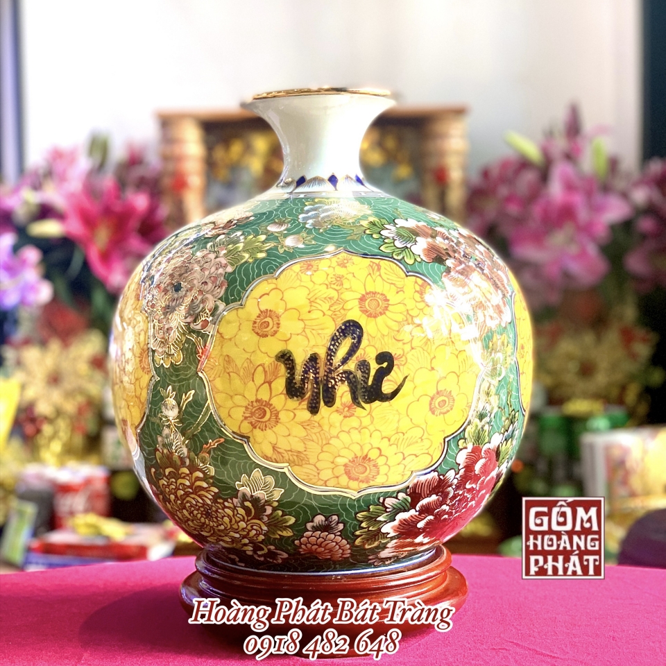 Bình hút tài lộc Vạn sự như ý ngàn hoa vàng kim 24k cao cấp BHL305 cao 35cm