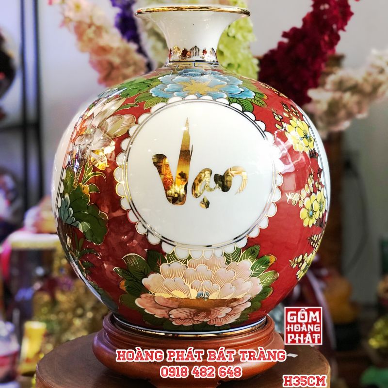Bình hút tài lộc Vạn sự như ý nền đỏ cao cấp Bát Tràng H40 BHL343 1