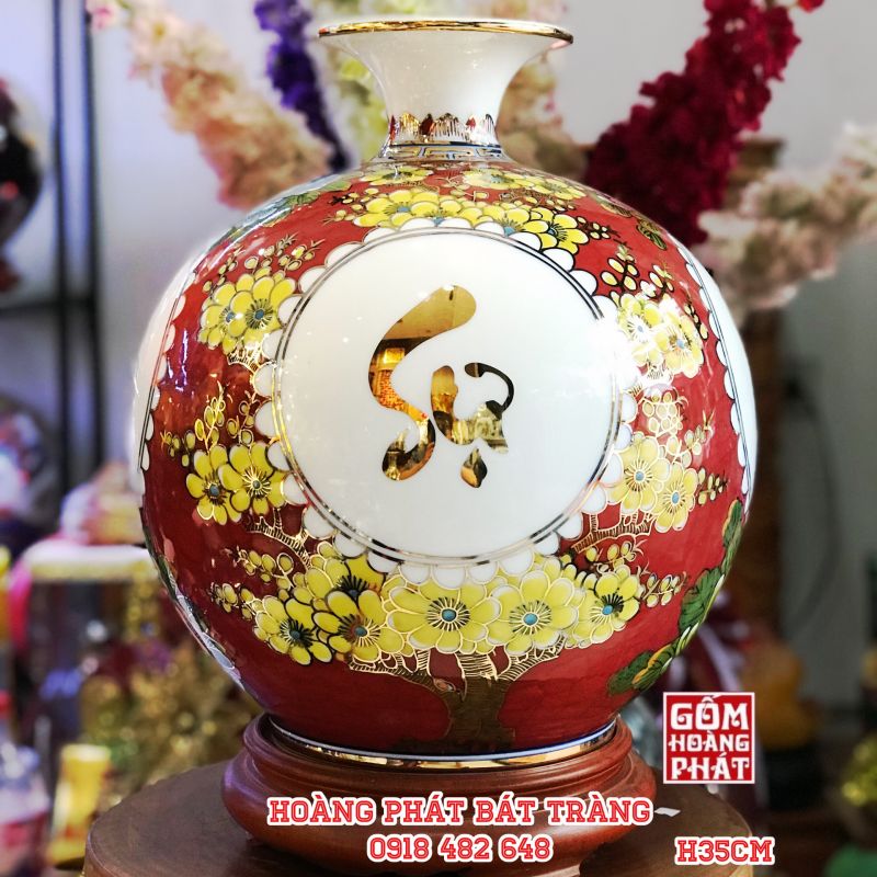 Bình hút tài lộc Vạn sự như ý nền đỏ cao cấp Bát Tràng H40 BHL3432