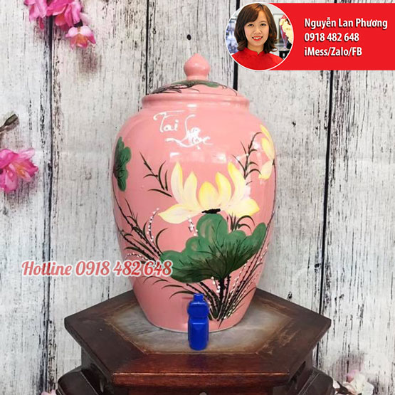 Bình nước gốm sứ Bát Tràng men hồng hoa Sen Tài Lộc