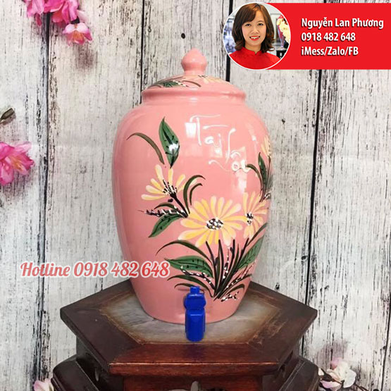 Bình nước gốm sứ Bát Tràng men hồng hoa Sen Tài Lộc