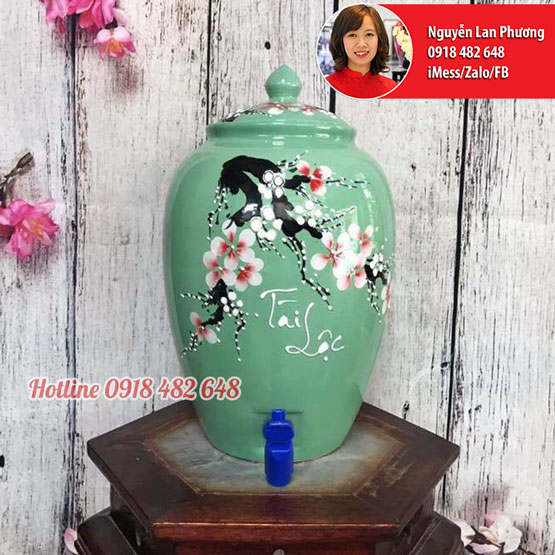 Bình nước gốm sứ Bát Tràng men xanh hoa đào Tài Lộc