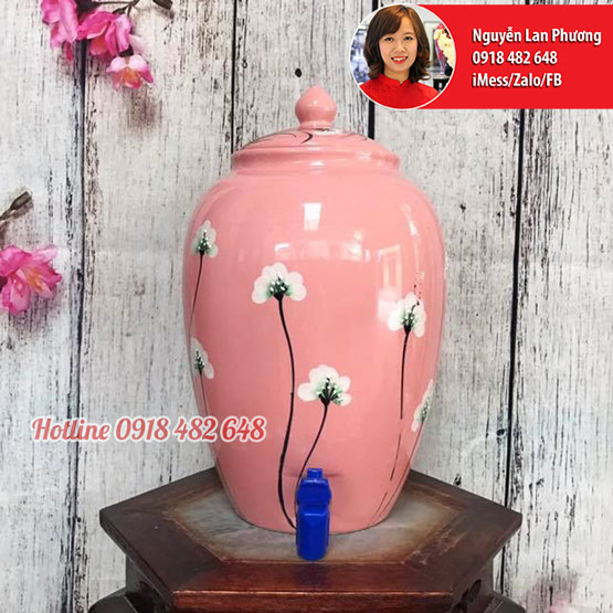 Bình nước gốm sứ Bát Tràng men hồng hoa xuyến chi