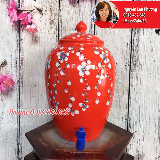 Bình nước gốm sứ Bát Tràng men đỏ hoa rơi
