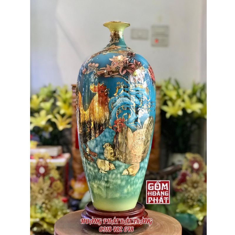 Bình phong thủy Kim Kê Đại Cát vàng kim cao cấp H58cm