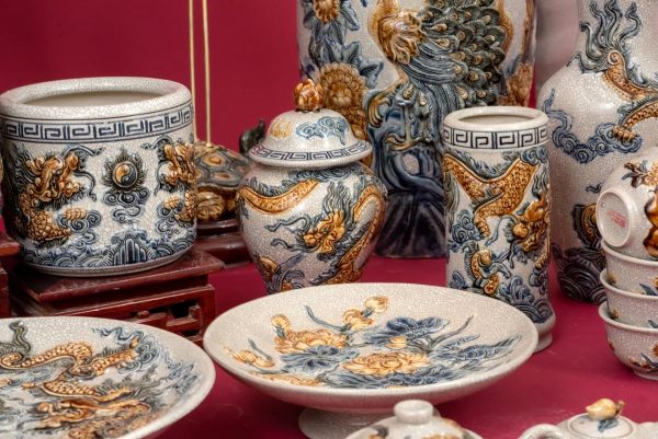 Bộ đồ thờ đắp nổi men rạn Rồng chầu nguyệt cao cấp Bát Tràng số 2