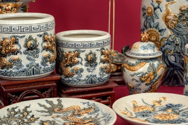 Bộ đồ thờ đắp nổi men rạn Rồng chầu nguyệt cao cấp Bát Tràng số 2