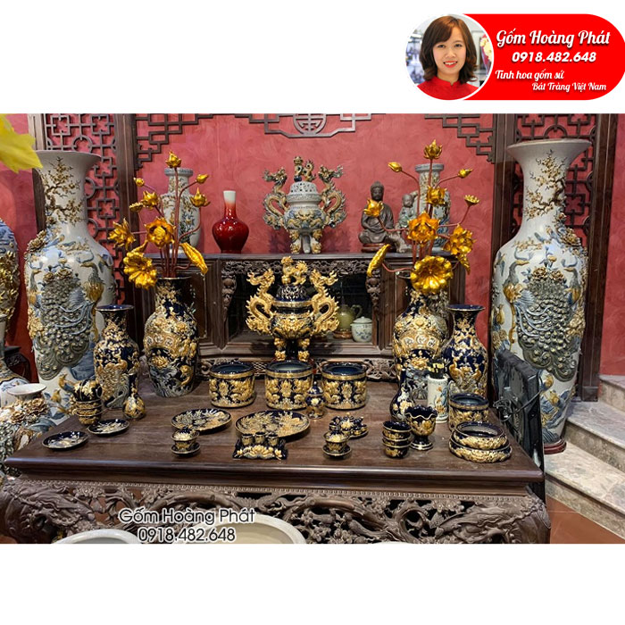 Bộ đồ thờ men đen gốm đắp nổi dát vàng gốm Bát Tràng SP5029