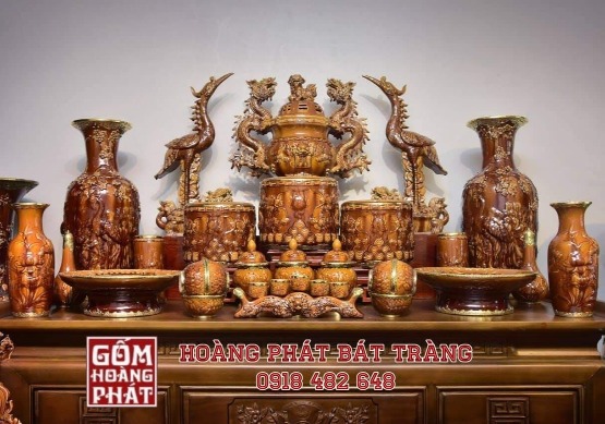 Bộ đồ thờ gia tiên men hoàng thổ cao cấp Bát Tràng