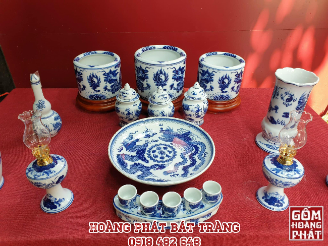 Bộ đồ thờ men lam Tài Lộc cao cấp Bát Tràng DTTL003 1