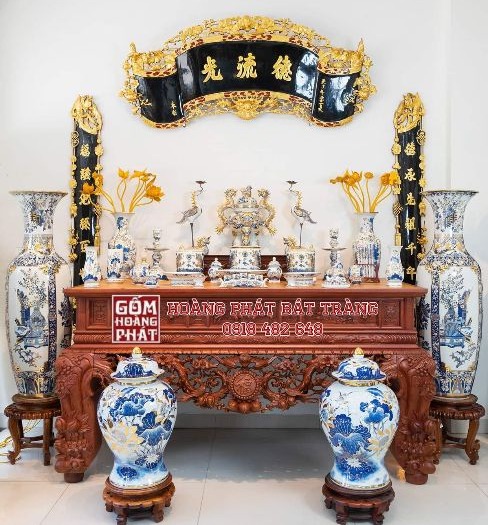 Bộ đồ thờ mem lam vẽ vàng kim cao cấp Bát Tràng full cho ban thờ gia tiên