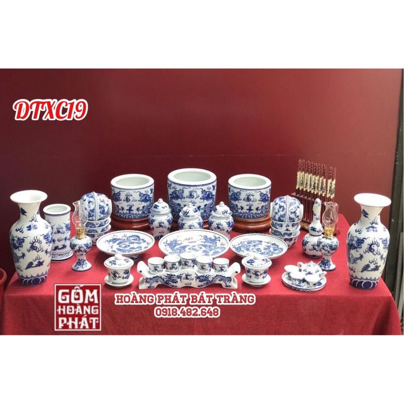 Bộ đồ thờ men lam xanh cổ cao cấp DTXC19
