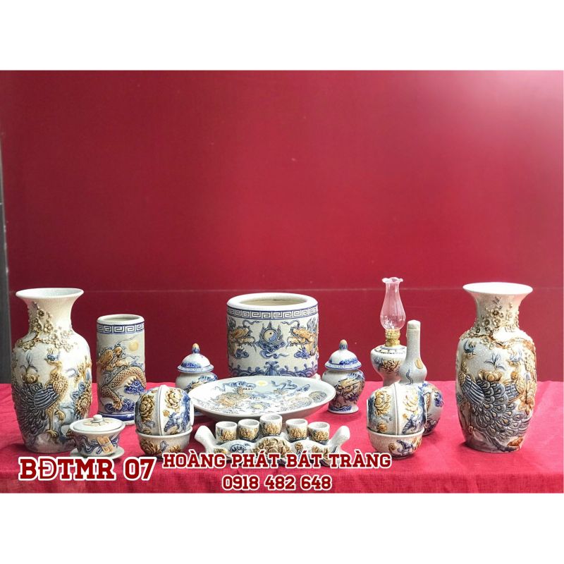 Bộ đồ thờ men rạn đắp nổi cao cấp BĐTMR07