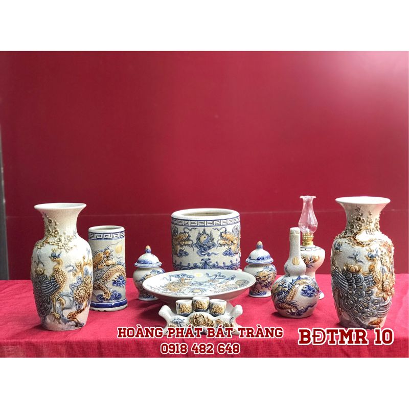 Bộ đồ thờ men rạn đắp nổi cao cấp BĐTMR10