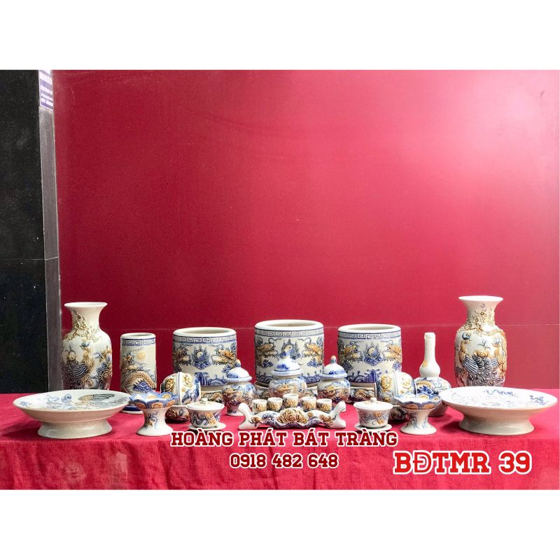 Bộ đồ thờ men rạn đắp nổi cao cấp BĐTMR39
