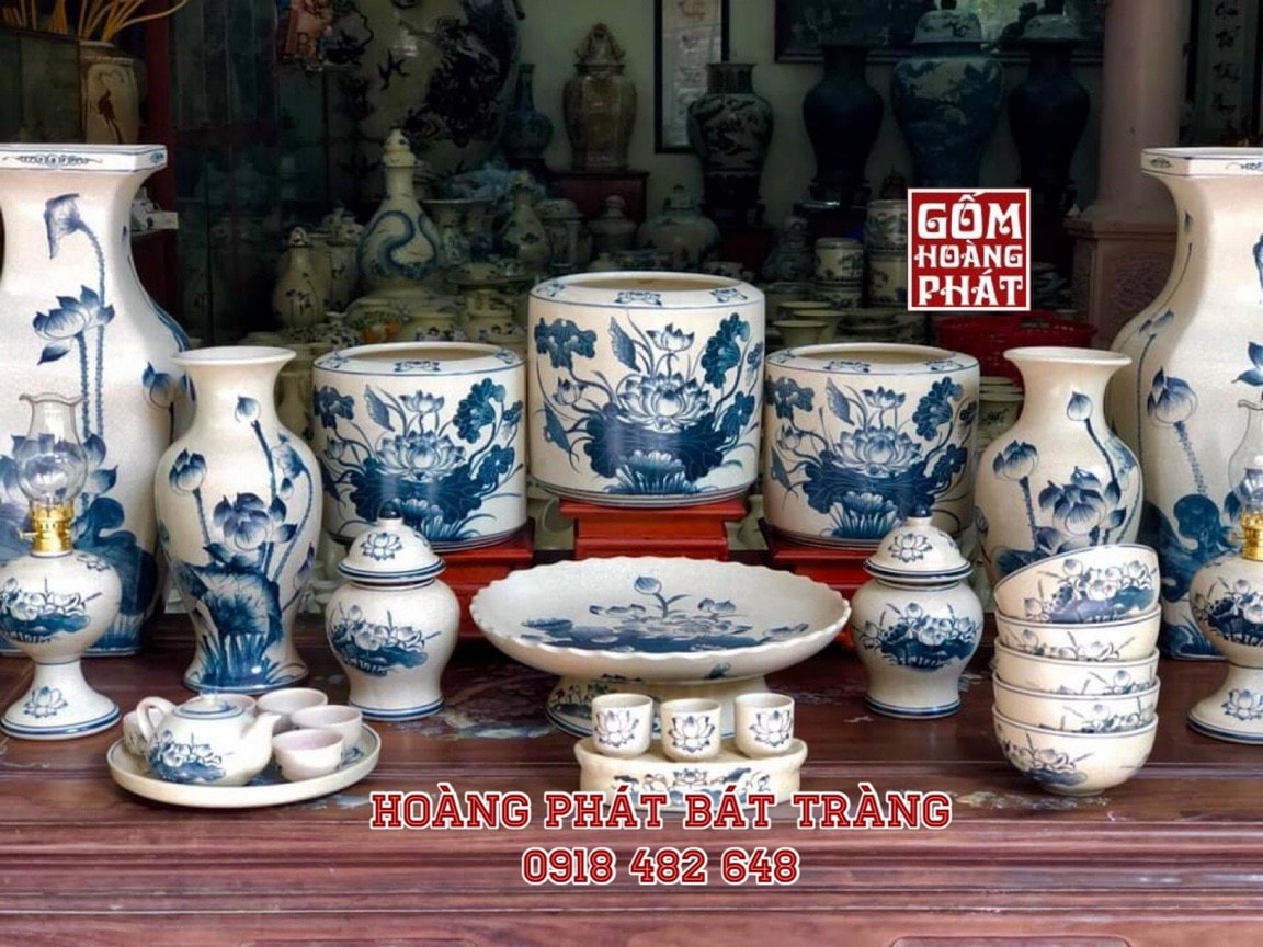 Bộ đồ thờ men rạn hoa sen gốm sứ Bát Tràng 1