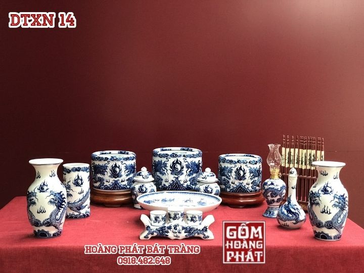 Bộ đồ thờ men xanh nổi Bát Tràng DTXN14
