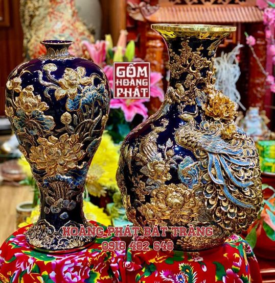 Cặp mai bình hoa sen và tỏi công đào phú quý màu xanh coban mạ vàng cao cấp MBTL05