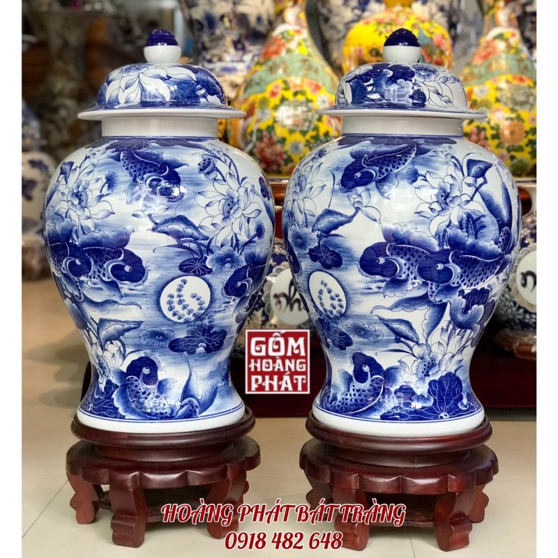 Chóe vẽ Lý ngư vọng nguyệt men lam khử vẽ kỹ cao cấp 40L