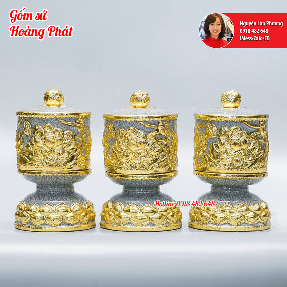 Đài nước thờ đắp hoa sen dát vàng 24k