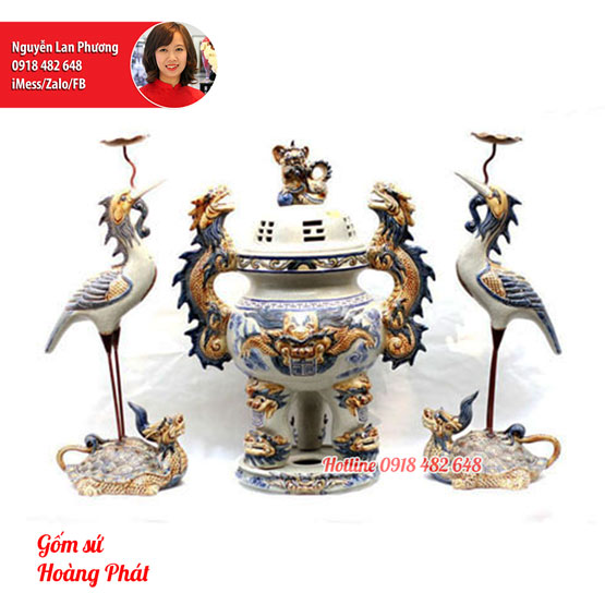 Đỉnh hạc sứ men rạn đắp nổi 4374